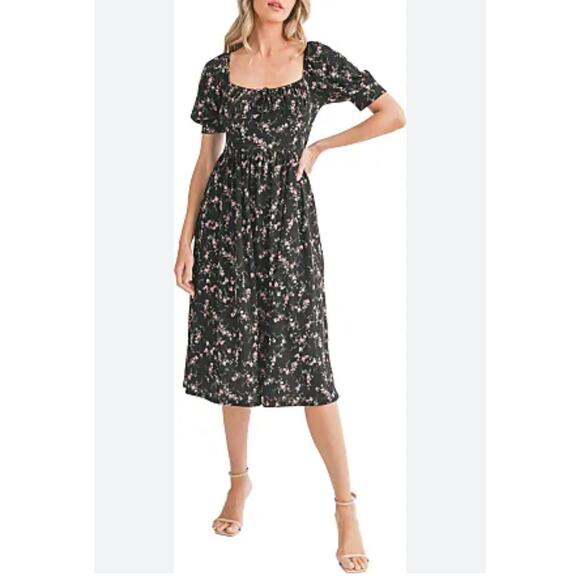 Lush Floral Midi Dress Size S Tie Bust Short Sleeve Black Pink Coquette Bow - Picture 1 of 8